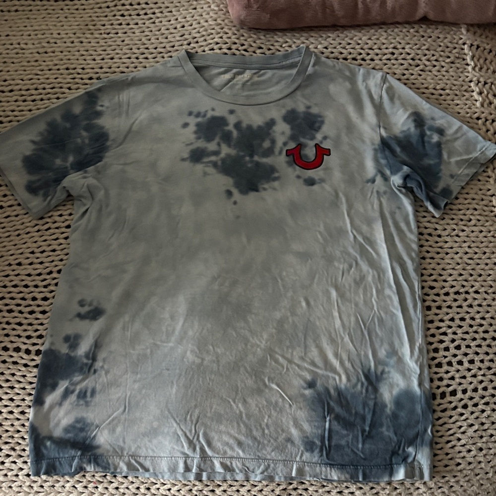 True Religion Tie-Dye Short Sleeve Tee in Blue and Dark Blue with Red Logo